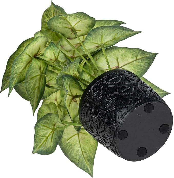 MyGift Artificial Arrowhead Plant Potted in Black Concrete Pot with Geometric Embossed Pattern, Faux Syngonium Podophyllum 'White Butterfly' Green Leaf Indoor Home Table Decor