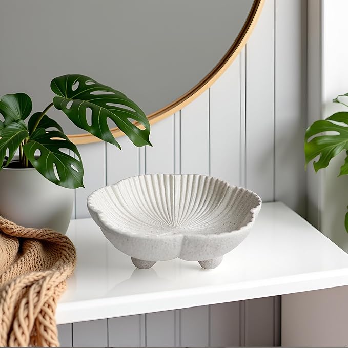 Large Decorative Bowl decor, Scalloped Pedestal Bowls for Modern Home Decor,Ruffle Decor,Stylish Key Bowl for Entry Table,Decorative Fruit Bowl for Kitchen Counter, Light Gray