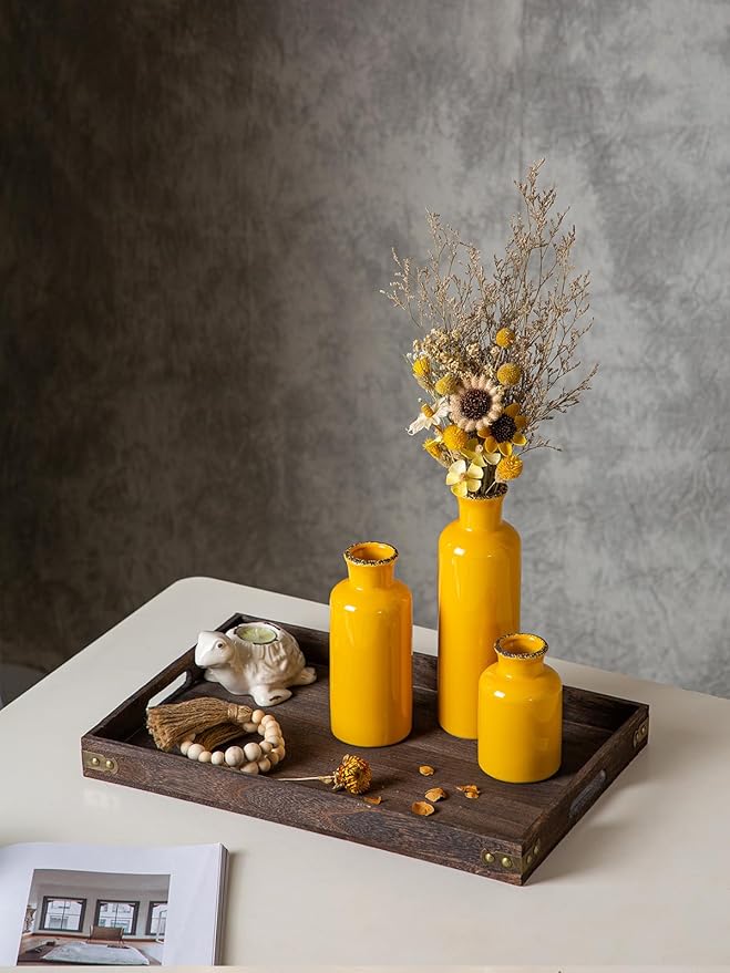 CwlwGO- Yellow Ceramic Vase Set,Modern Decorative Vases for Home Decor, Kitchen&Living Room Table Décor,Fireplace & Entrance centerpieces Decorations.