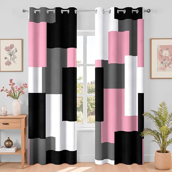 Pink 100% Blackout Curtains for Bedroom 108 inch Extra Long 2 Panels Set Black White Grey Modern Abstract Geometric Black Out Curtains Room Darkening Window Drapes for Living Room, 52Wx108L