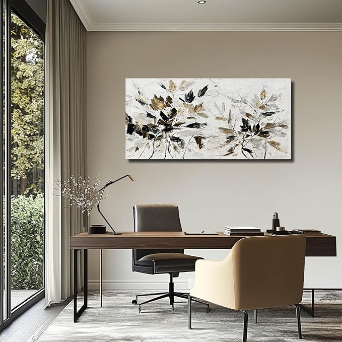 Modern Artwork Black and White Wall Art Abstract Wall Decor for Living Room Home Leaves Canvas Pictures Bedroom Gold Wall Art 24x48 Inch