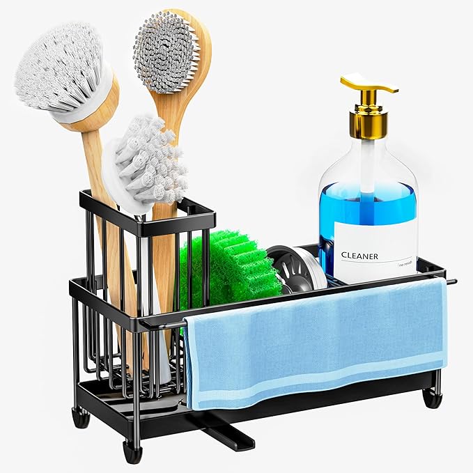 Cisily Sponge Holder for Kitchen Sink with Towel Rack, Sink Caddy with Kitchen High Brush Holder, Organzier Rustproof 304 Stainless Steel Dish Organizer Divider, Soap Dispenser Storage