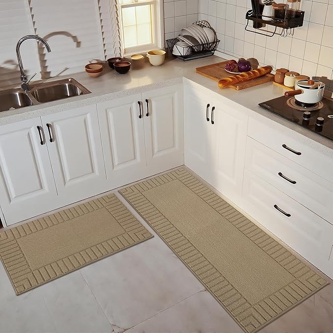 BEQHAUSE Kitchen-Rugs-and-Mats,Anti-Slip Kitchen Rugs,Machine Washable Kitchen Mats for Floor Taupe Comfortable Kitchen Mat Set of 2 with TPR Backing 24x35inch/24x60inch