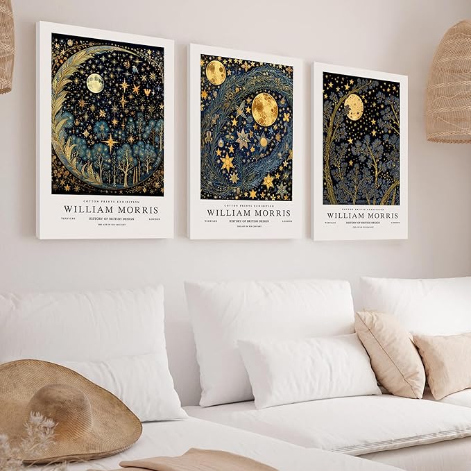 WRFON William Morris Canvas Wall Art, Vintage Gold Moon Wall Decor, Dreamlike Stars Poster Prints, Retro Botanical Aesthetic Pictures for Bedroom Living Room Office Framed Ready to Hang 16"x24"x3