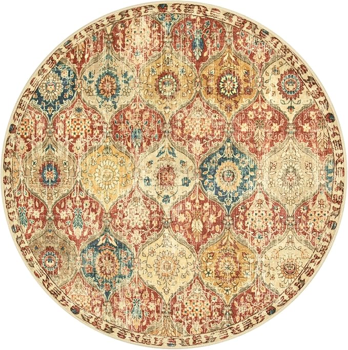 Lahome Moroccan Trellis Washable Round Area Rug, Soft Round Rugs 6ft Ultra-Thin Non-Slip, Vintage Large Circle Carpet for Bedroom Living Room Kitchen Nursery, Red/Orange