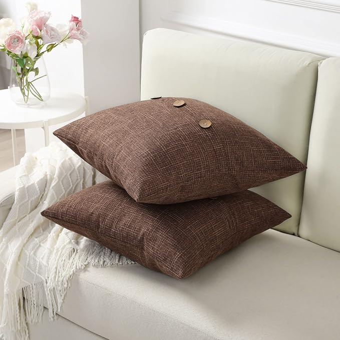 HAUSSY Brown Linen Decorative Throw Pillow Covers 24x24 Inch Set of 2, Square Euro Cushion Case with 3 Vintage Buttons,Modern Farmhouse Home Decor for Couch,Bed