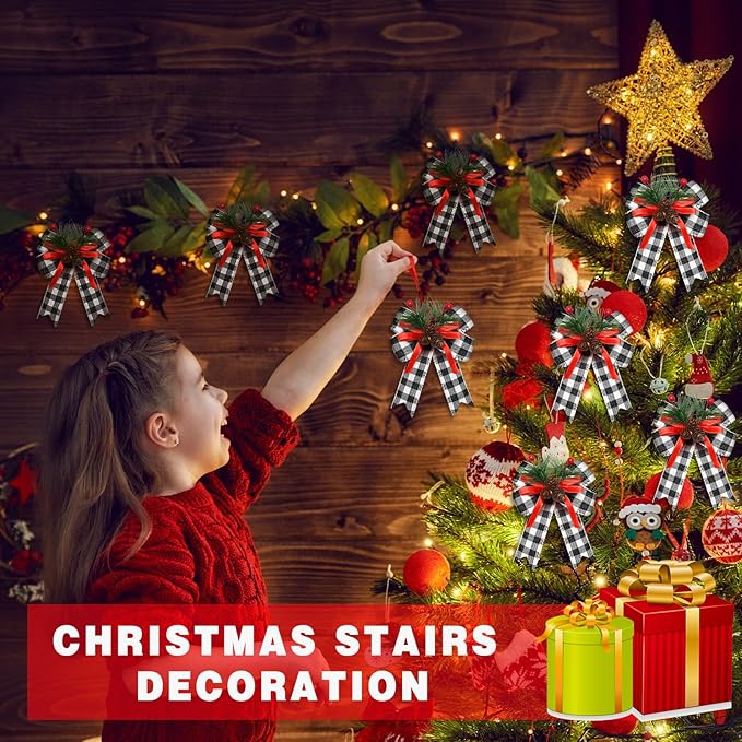 Syhood 6 Pcs Christmas Bows with Pine Cones Pine Needles Xmas Plaid Bows Black White Ribbon Christmas Tree Wreath Decoration for Xmas Parties Indoor Outdoor Crafts DIY Decor