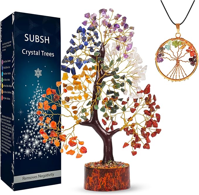 Seven Chakra Gemstone Tree With Chakra Pendant, Crystal Tree, Fake Plants Home Decor, Crystals, Office Desk Accessories, Room Decor, Crystals and Healing Stones, Birthday Gifts for Women, Gifts 10-12"
