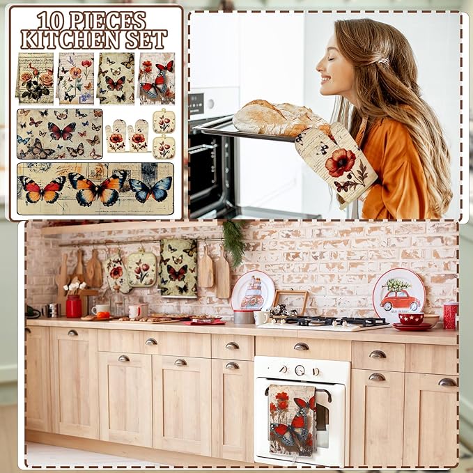 10 Pcs Butterfly Kitchen Decor Sets, 4 Butterfly Kitchen Dish Towels 2 Pot Holders 2 Oven Mitts Glove Non Slip Rugs and Mats for Floor Home Decorations Accessories Christmas Farmhouse Gifts