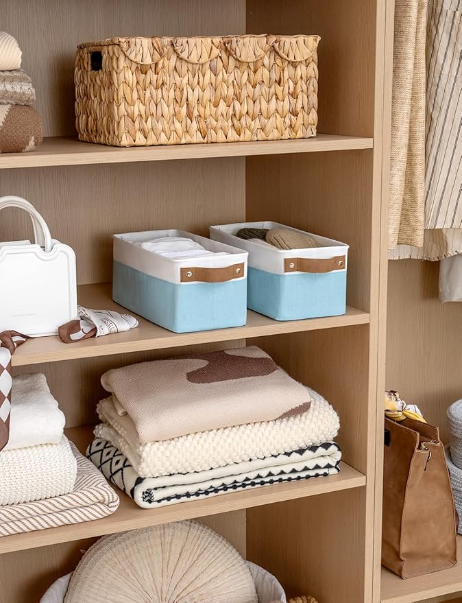 StorageWorks Narrow Storage Bins, Small Basket for Closet and Shelves, Fabric Organizer with Handles, Toilet Paper Storage, Light Blue and White, 2-Pack