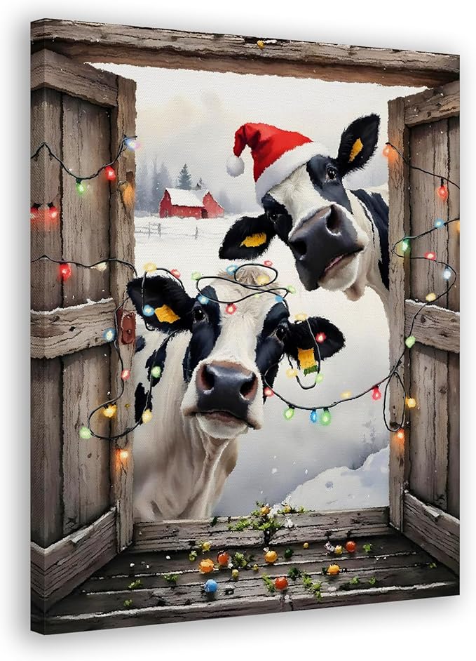 FITIE Funny Christmas Cow Canvas Wall Art Poster, Farmhouse Christmas Decor, Rustic Country Holiday Winter Farm Animal Framed Artwork Prints Wall Decor for Home Bedroom Living Room, 11x14 Inch