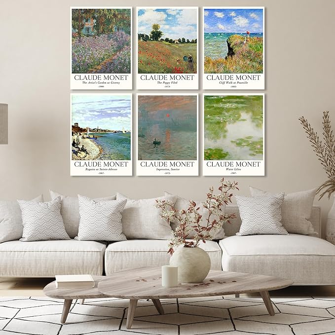 COSCTOR Set of 6 Claude Monet Wall Art Decor Canvas Vintage Famous Artist Retro Landscape Colorful Posters and Prints for Living Room Bathroom Bedroom Hallway Kitchen (Framed, 12x16)