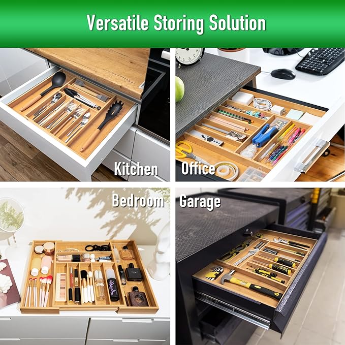 Large Expandable Utensil Organizer Silverware Organizer for Kitchen Adjustable Utensils Holder Bamboo Flatware Silverware Cutlery in Drawer (9 slot, Natural)