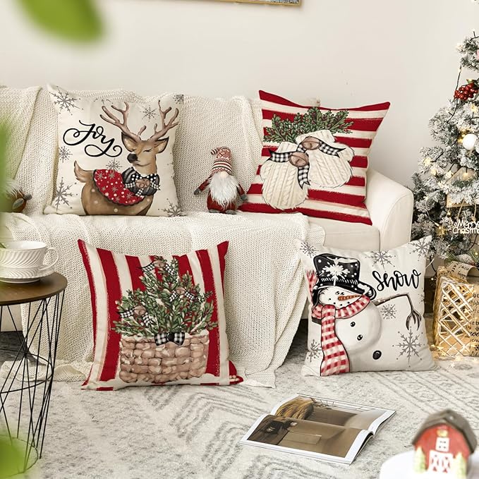 AVOIN colorlife Christmas Snowman Reindeer Gloves Eucalyptus Red Throw Pillow Covers, 18 x 18 Inch Winter Holiday Stripes Cushion Case Decoration for Sofa Couch Set of 4