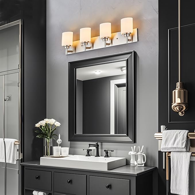Bathroom Vanity Light Fixture, Brushed Nickel | 32 Inch 4 Lights, White Glass Shade, Vanity Lights for Bathroom, Living Room, Bedroom, Farmhouse