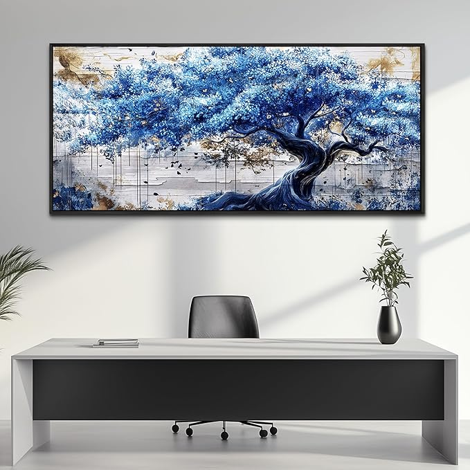 ERQINHUA Large Canvas Wall Decor For Living Room Wall Art For Bedroom Office Home Decor Blue Tree Wall Paintings Farmhouse Abstract Watercolour Pictures Artwork Ready To Hang 32x72 In Black Framed