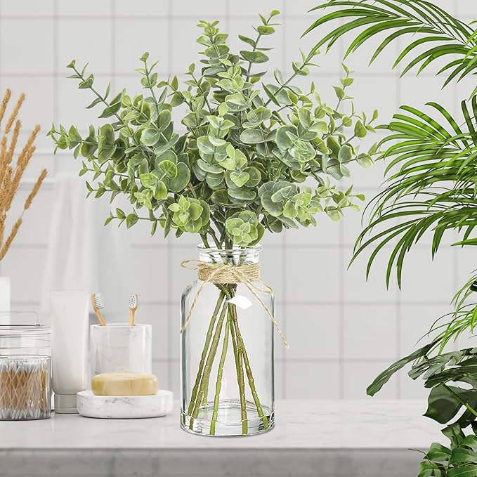 12" Artificial Eucalyptus Stems in Glass Vase with Faux Water, Realistic Eucalyptus Leaves Fake Plant Branch Greenery Decoration for Home Farmhouse Bathroom Kitchen Wedding Centerpiece Table Décor