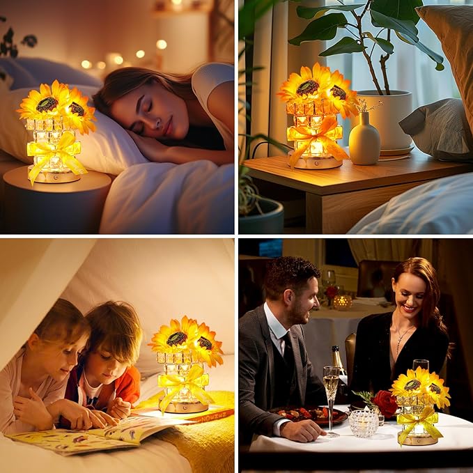 Sunflower Flower Table Lamp Gifts: Mothers Day Birthday Gifts for Women Mom Grandma Sister, Rechargeable Battery Powered Cordless Touch Small Crystal Night Light, Kitchen Bedroom Office Decor