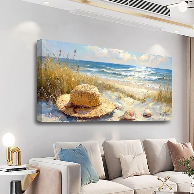 Beach Straw Hat Picture Printed Canvas Wall Art for Living Room, Office, Bedroom Wall Decor, Sea Landscape Wall Art Prints Modern Blue Yellow Landscape Artwork Waterproof Ready to Hang - 20x40 inches