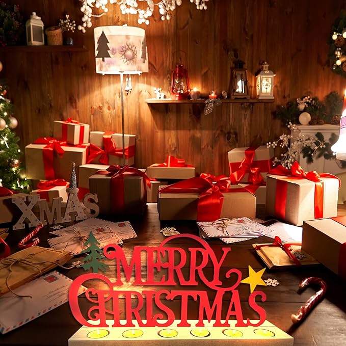 Merry Christmas Metal Sign Rustic Table Decorations with Wooden Base, Tiered Tray Decor with 18pcs Tealights, Table Centerpieces Metal Word Sign for Xmas Party Home Indoor Office Tabletop Mantel Shelf
