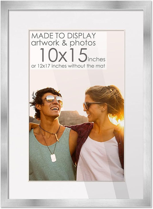 10x15 Frame Silver Wood with White Mat | 12x17 Frame Matted to 10x15 | Display Your Picture Under UV Acrylic Shatter Guard Front, with Foam Board Backing and Wall Hanging Hardware - Solid Pine Frame