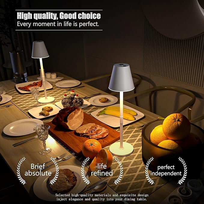 2 Pack LED CordlessTable Lamp,4000mAh Rechargeable Battery Desk lamp,3 Level Brightness Portable Light, Minimalist Design, for Couple Dinner/Coffee Table/Restaurant/Bedroom(White 2pack)