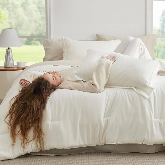 Bedsure Twin Comforter Set - 5 Pieces White Twin Bedding Set for All Seasons, Boho Contrasting Design Bed in a Bag with Comforter, Sheets, Pillowcase & Sham