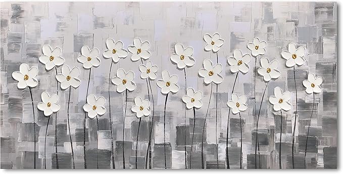 Yihui Arts Wall Art Pallet Knife Pictures Painting White Lily Bouquet of Flowers Oil Painting Floral Artwork Print on Wrapped Canvas for Walls