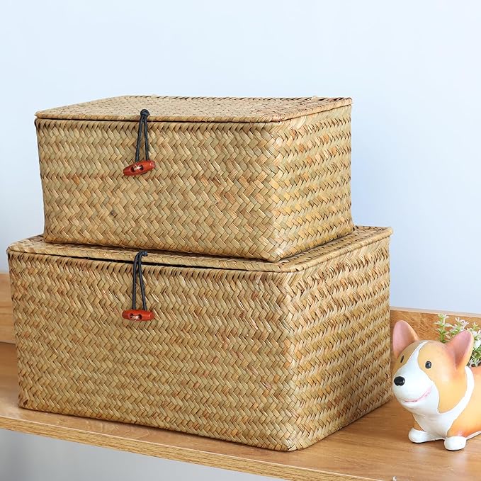 Wicker Shelf Baskets with Lid,Natural Seagrass Storage Basket Boxes Handwoven Rectangular Baskets Bins Multipurpose Home Organizer Decor (Large)