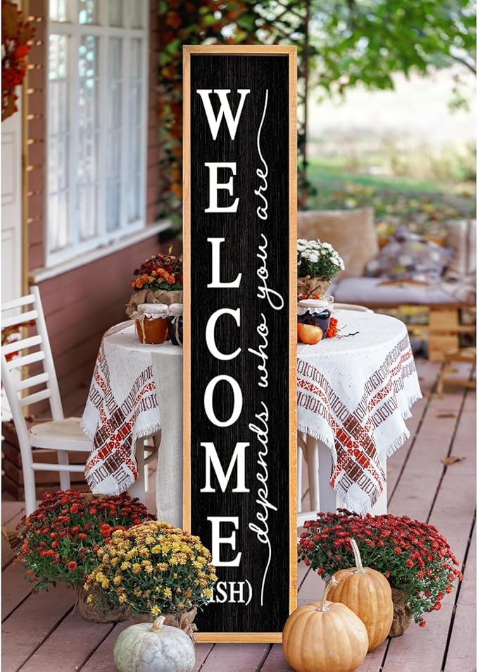 Welcome-ish Sign for Front Porch Standing 45"X9" Large Farmhouse Outdoor Wood Framed Home Vertical Tall Funny Large Welcome Sign For Rustic Modern Outside Front Door Wall Decor (Wood Black)