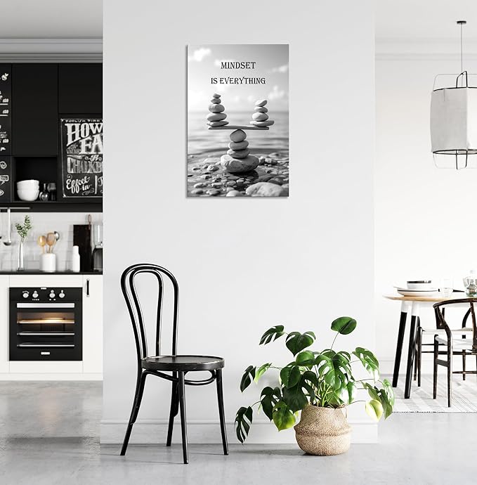 YIOZHAOFH Mindset Wall Art for Zen Office Inspirational Pictures Wall Decor Motivational Quotes Canvas Art Black and White Landscape Nature Print Poster Painting Framed for Meditation Spa Room Bedroom (28L x 44W)