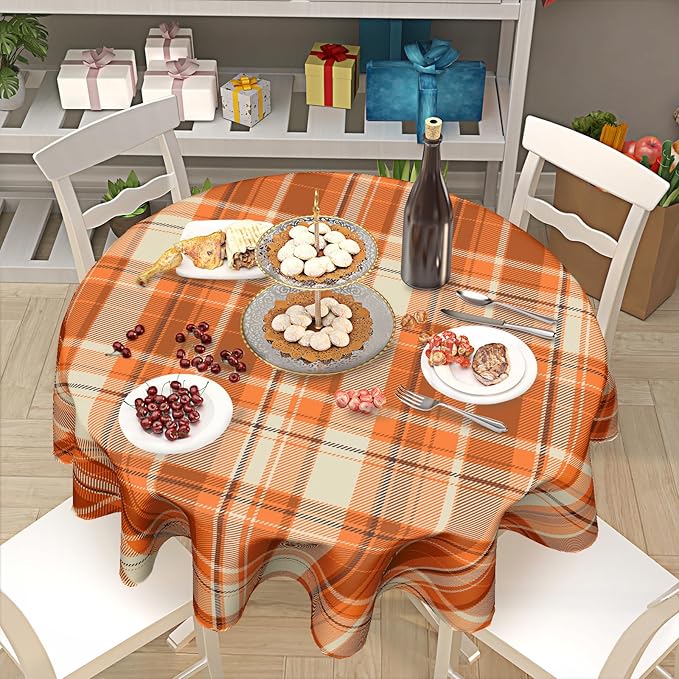 Kawani Fall Orange Tablecloth Round 60” Autumn Thanksgiving Buffalo Plaids Tablecloths Fall Checkered Decoration Round Table Cover Washable House Decor for Kitchen Dining Room Farmhouse Holiday