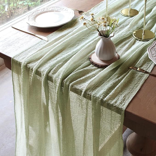 FEXIA Table Runner Sage Green Cheesecloth Table Runner 30x118 Inches for Baby Shower Decorations Spring Easter Decor Rustic Gauze for Wedding Bridal Shower First Communion Home Decor