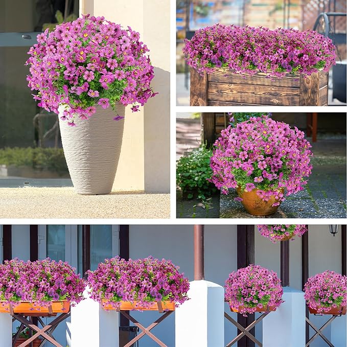 24 Bundles Artificial Flowers for Outdoors Decorations, Fake Flowers Artificial Plants Outdoor, Colorful Daisy Eucalyptus Realistic UV Resistant for Garden Patio Porch Home Decor, Purple