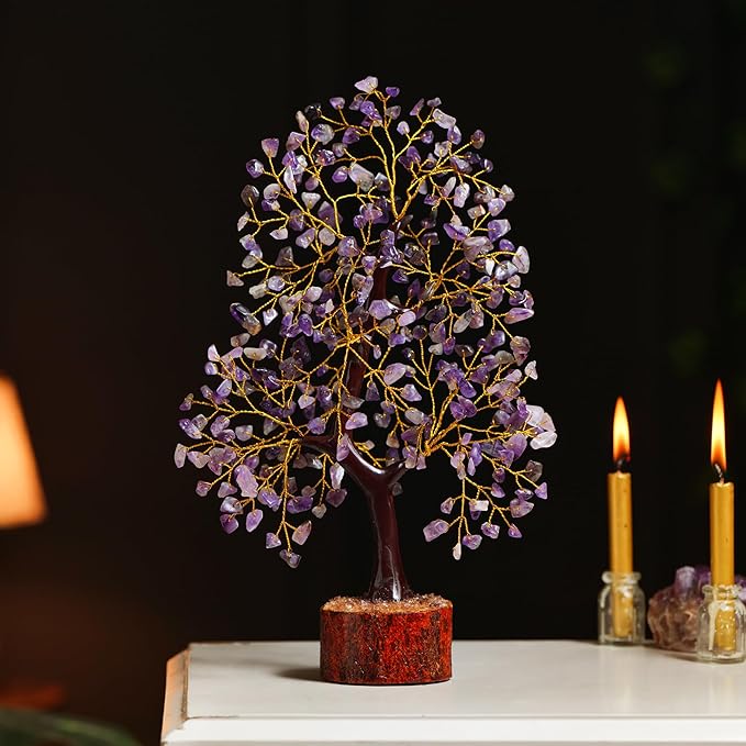Amethyst Crystal Tree of Life with 2 Chakra Pendants, Gemstone Tree for Positive Energy, Birthday Gift for Women, Office Decor, Crystals and Healing Stones 10-12"