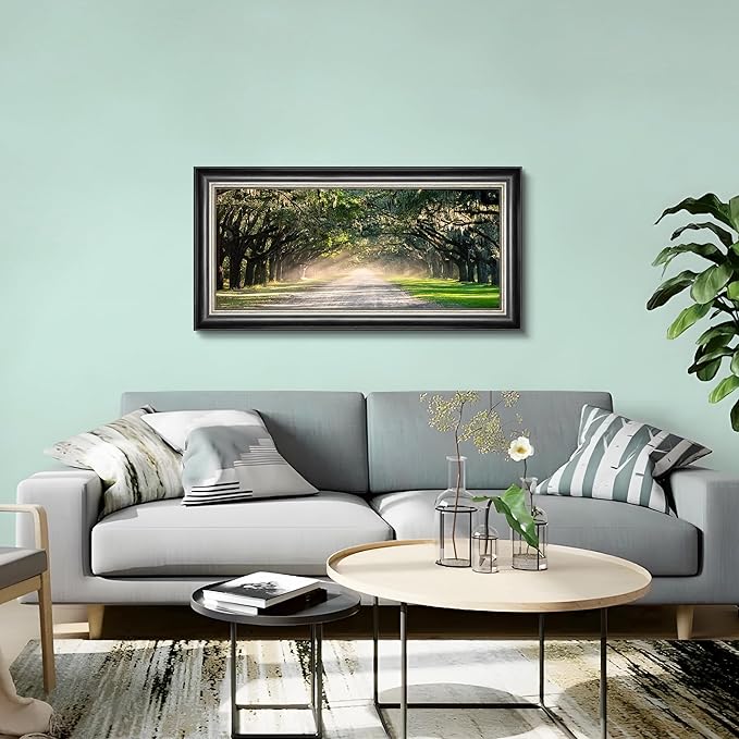 Oak Tree Canvas Wall Art: Framed Green Forest Path Painting Nature Park Landscape Artwork for Living Room