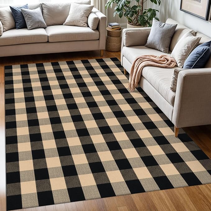 KOZYFLY Buffalo Plaid Area Rug 5 x 7 Ft Brown and Black Checkered Rug Washable Outdoor Patio Rugs Cotton Rugs for Living Room Carpet for Dining Room Bedroom Farmhouse