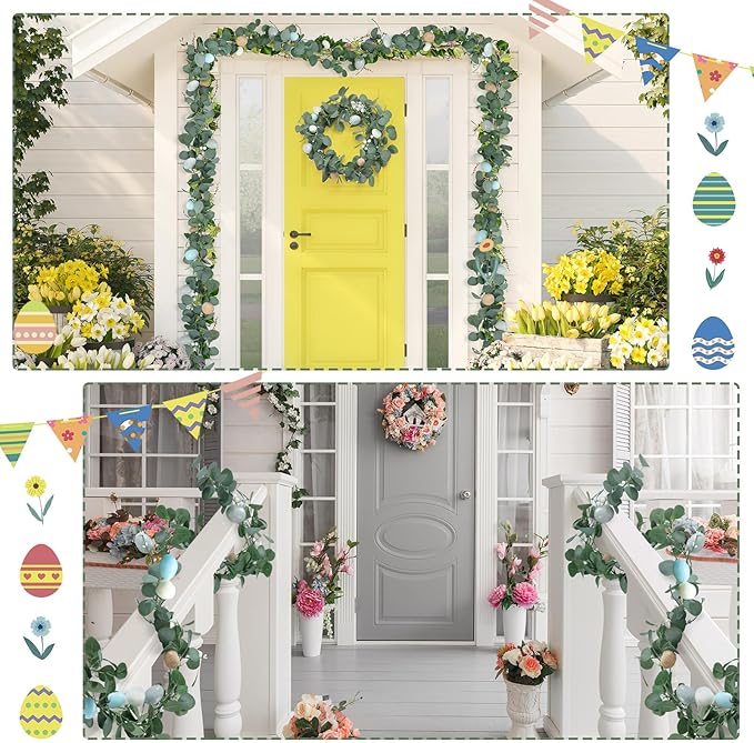Zeyune 1 Pcs 6ft Long Easter Artificial Garland with Eggs Spring Mixed Eucalyptus Garland Farmhouse Hanging Rustic Easter Garlands Decor for Front Door Kitchen Fireplace Home Indoor Outdoor