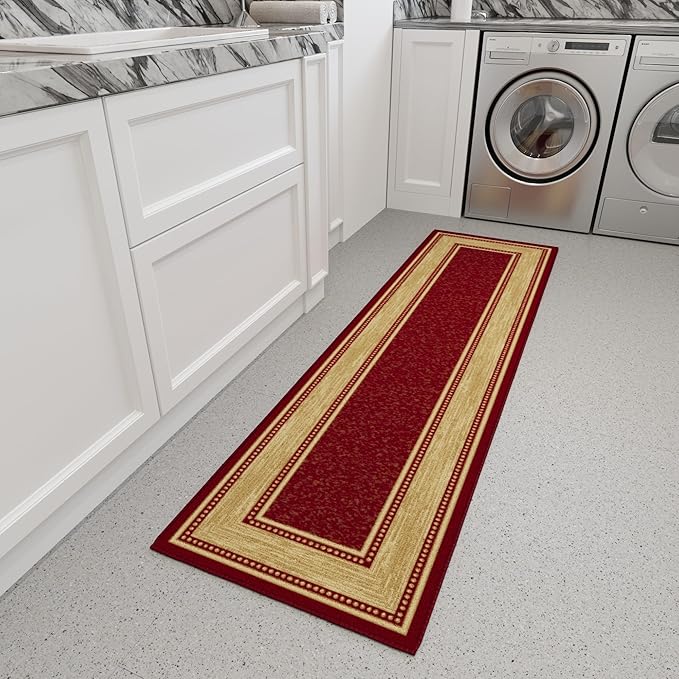 Ottomanson Hallway Runner Rug 1'10" x 7' Non Slip Border Area Rugs Easy to Clean Laundry Rug Runner Durable & Pet Friendly Floor Carpet Runners for Hallways Entryway Living Room Kitchen Bathroom, Red
