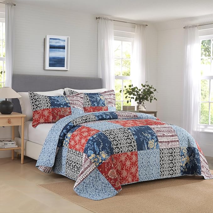 Secgo Queen Comforter Set for Bed - 100% Cotton Quilts Queen Size, Black Bedspreads (90 * 98 Inch) with 2 Pillow Shams, Patchwork Reversible Lightweight Bedding