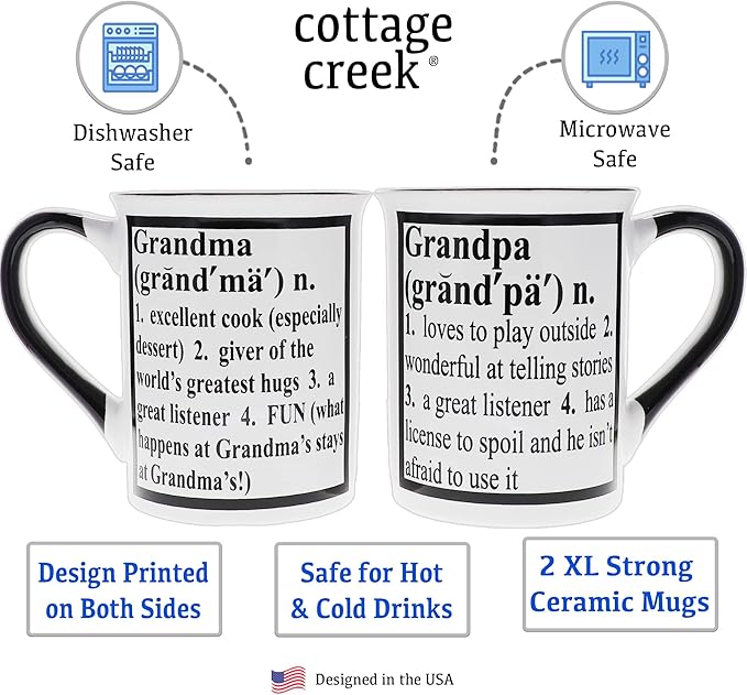 Cottage Creek Mugs - Set of Two 16oz. Large Ceramic Grandma Grandpa Coffee Cups - Ideal Stoneware Mugs for Kitchen, Office & Home Decor - Gifts for Grandparents, Women and Men