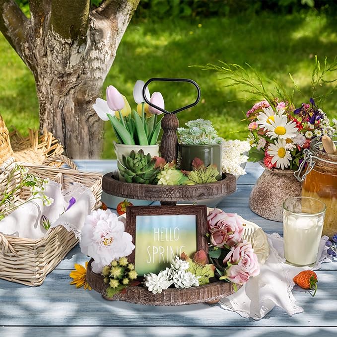 Mustry Rustic Wooden 2 Tiered Tray, Round Farmhouse Kitchen Table Decor Serving Tier Tray, Food Fruits Cupcake Display Coffee Bar Home Party Seasonal Decorations (Brown)