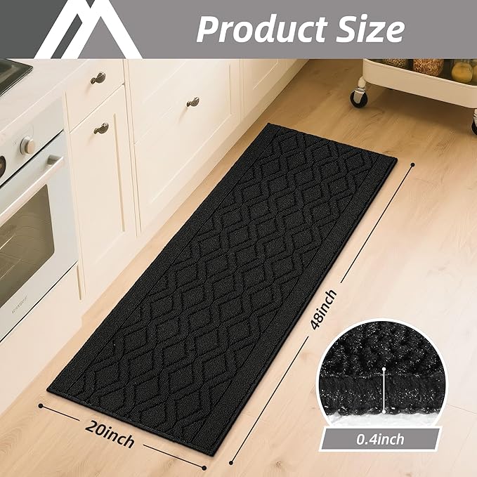 COSY HOMEER-Kitchen-Rugs-and-Mats 20"x48" Non Slip Kitchen Mats for Floor Absorbent Washable Kitchen Runner Standing Floor Mat for Sink Mat,Entry,Laundry,Polypropylene,Black