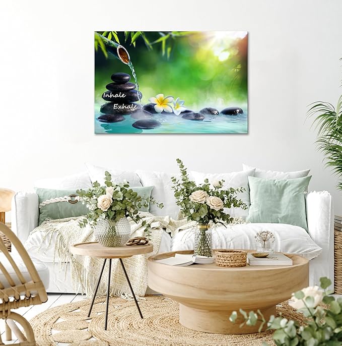 YIOZHAOFH Spa Canvas Print Art Nature Zen Painting Relaxing Bathroom Wall Art Decor White Lotus Pictures Framed Artwork Inhale Exhale Poster Office Decor for Spa Room Bedroom(16L x 24W)