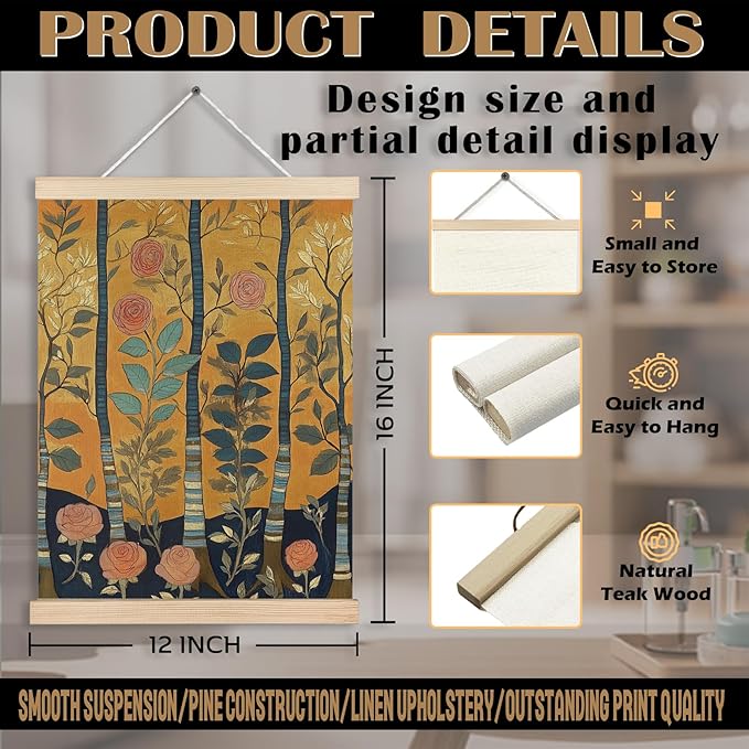 FITIE Vintage William Morris Inspired Rose Flower Tree Wall Art Poster Framed, Rustic Farmhouse Decor, Abstract Art Decor, Retro Mid Century Modern Floral Botanical Canvas Wall Art Prints for Home Office, 12x16 Inches