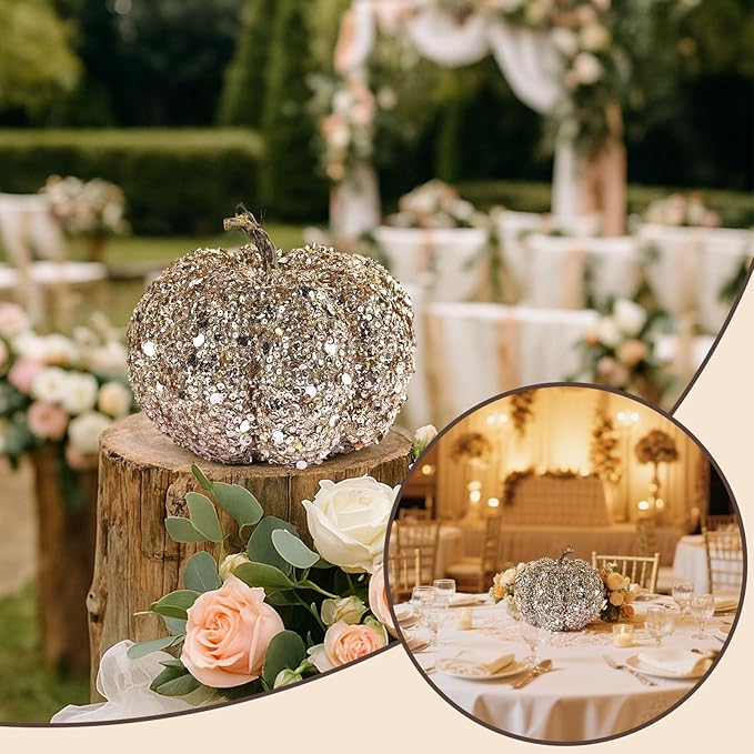 DomeStar Artificial Glitter Pumpkin, Gold Faux Pumpkin Harvest Table Centerpiece for Fall, Halloween & Thanksgiving Decorations