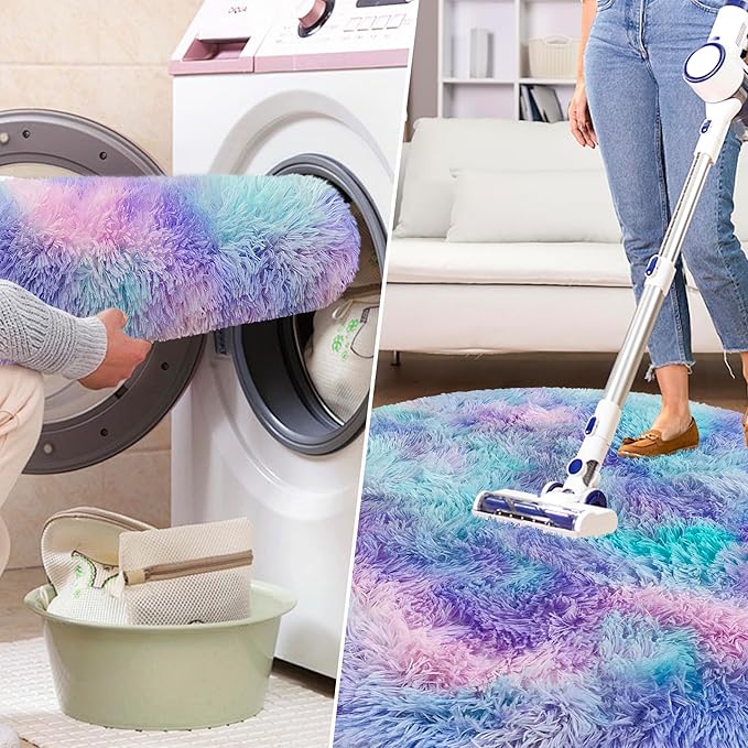 Tie Dye Rainbow Round Rugs Small 2x2 ft Fluffy Circle Rug Furry Carpet Shaggy Circular Fuzzy Plush Area Rug for Girls Bedroom Kids Room Nursery Cute Room Decor Chair Cushion Pet mat Doormat