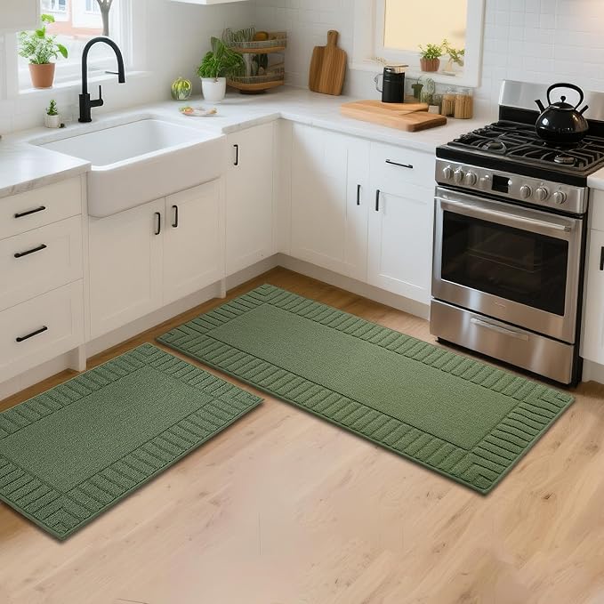 BEQHAUSE-Kitchen-Rugs-Non Slip-Kitchen-Mats- for-Floor Machine Washable Kitchen Rugs 2 Pieces Kitchen Carpet Runner with TPR Backing,Green,20x30inch/20x48inch