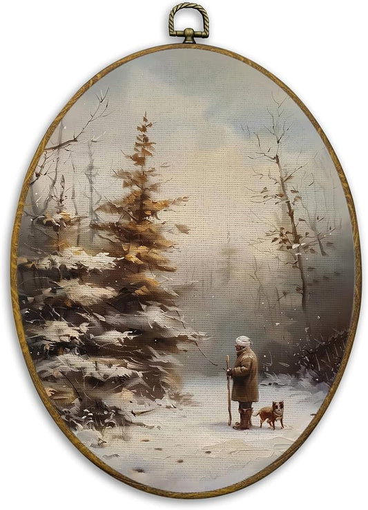 CUANFDDSF Vintage Farmhouse Winter Oval Wall Art Decor, Rustic Christmas Pine Tree Landscape Wall Hanging Decor, Retro Country Winter Framed Canvas Prints for Home Bedroom Living Room, 8.6x11.4 Inch