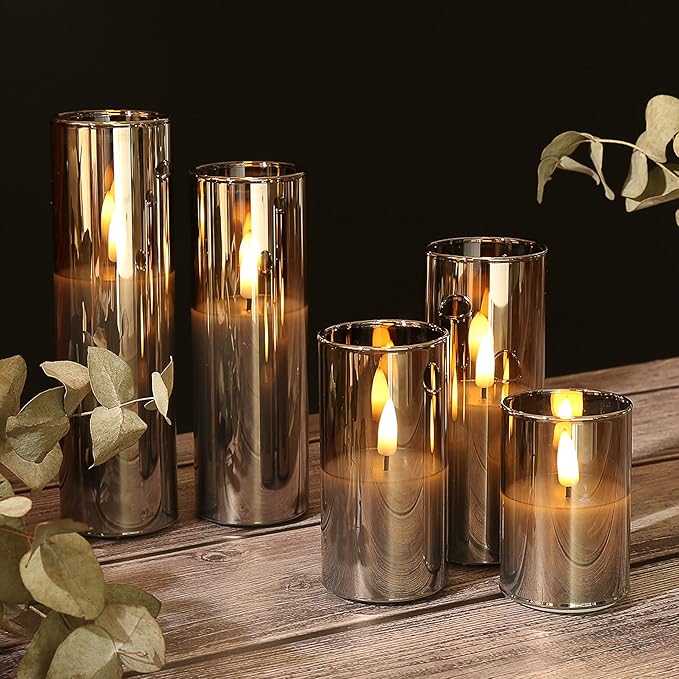Eywamage 5 Pack Grey Glass Flameless Candles with Remote, Flickering Slim Tall LED Pillar Votive Candles Battery Included